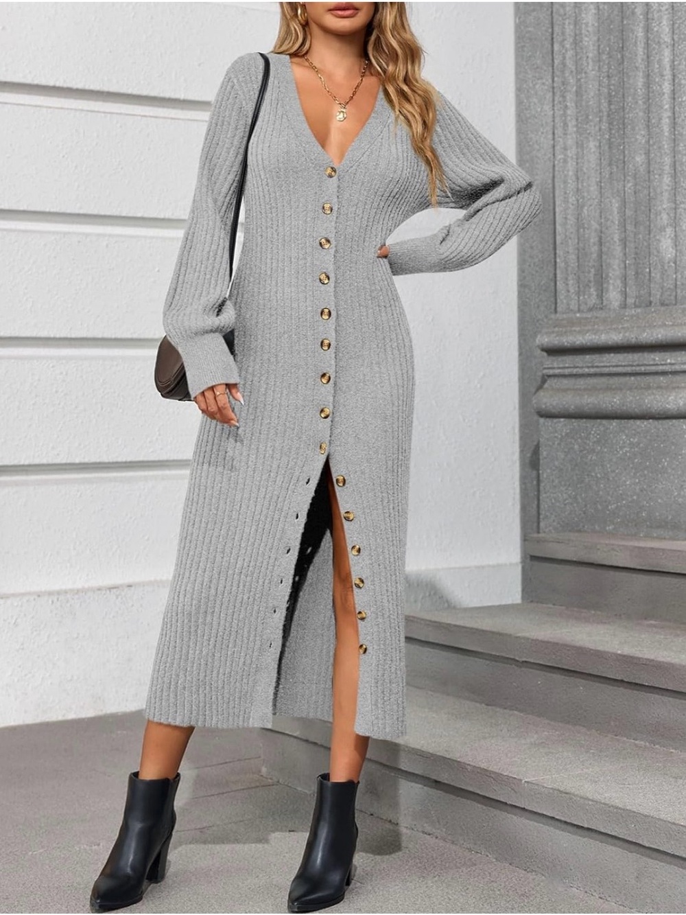 Ribbed Button-Front Long Line Cardigan/Sweater Dress- Light Gray. Worn Once. - Picture 3 of 4